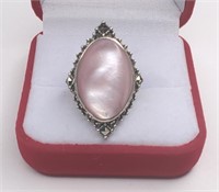 Sterling Pink Mother Of Pearl Marcasite Ring