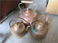 3 copper teapots coffee pots