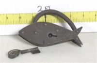 Antique Wrought Iron Fish  Lock W/ Key