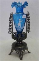 Blue Mary Gregory vase in holder