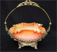 Peach Satin Glass MOP 9" brides bowl in silver