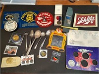 Collection of patches, spoons, coins, medals, a