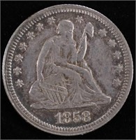 1858 SEATED LIBERTY QUARTER AU