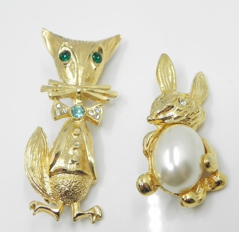 GOLD TONE JELLY BELLY RABBIT & BOW TIE CAT PINS