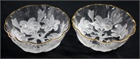 Pair Etched Lily Gold Rimmed Serving Bowls