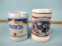 Two beer Steins: Budweiser and Busch