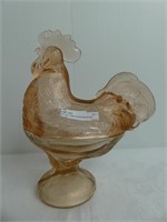 8.5" TALL PINK GLASS ROOSTER COVERED DISH