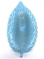 Blue Art Glass Leaf Dish 10.75”