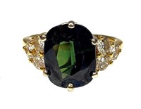 18k Yellow Gold, Green Sapphire & Diamond Ring
