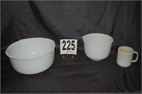 Glasbake Milk Glass Cup and Mixing Bowls