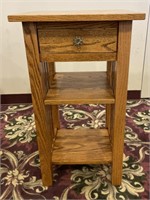 Solid Oak Pedestal Accent Table w/ Drawer