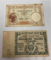 2 Vintage Banknotes France & Russia