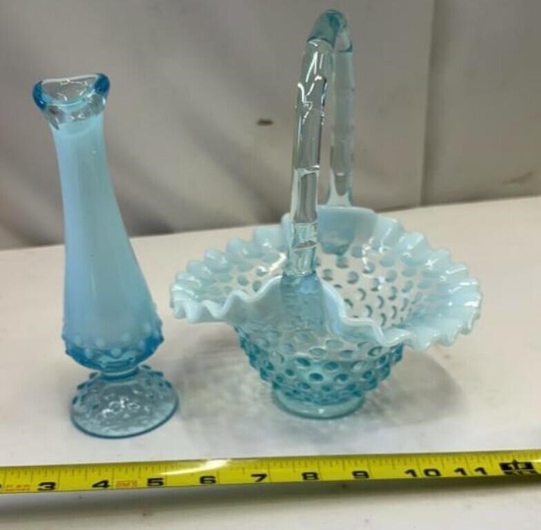 Fenton Blue Opalescent Hobnail Basket Blue Handle