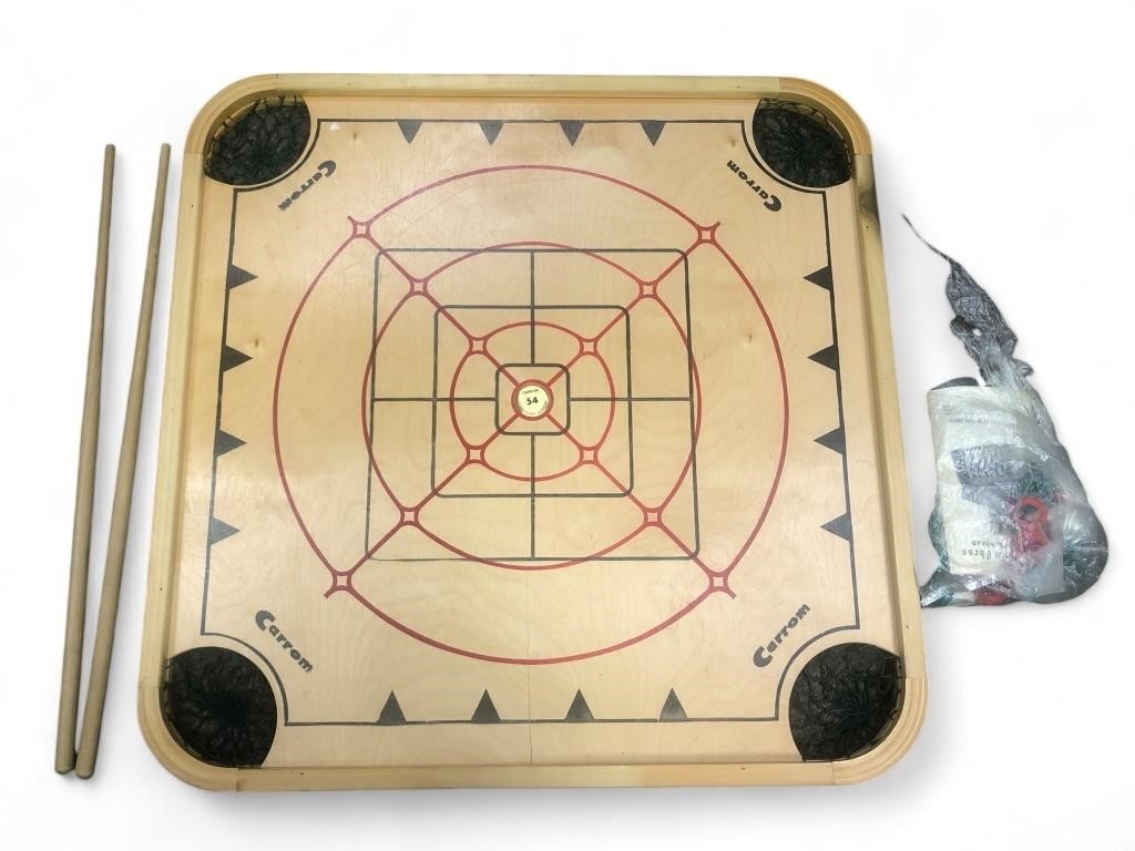 Carrom Board w/Cue Sticks, Discs & Instructions