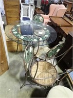 GLASS TOP STEEL FLORAL PATIO SET W/ 4 CHAIRS