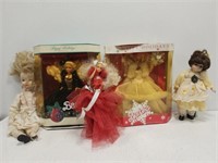 3 Vintage Barbies and 2 Porcelain Dolls