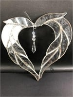 Stained Glass Clear Heart w/Hanging Crystal Gem