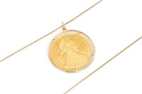 AUSTRIAN DUCAT COIN PENDANT ON GOLD CHAIN, 22.4g