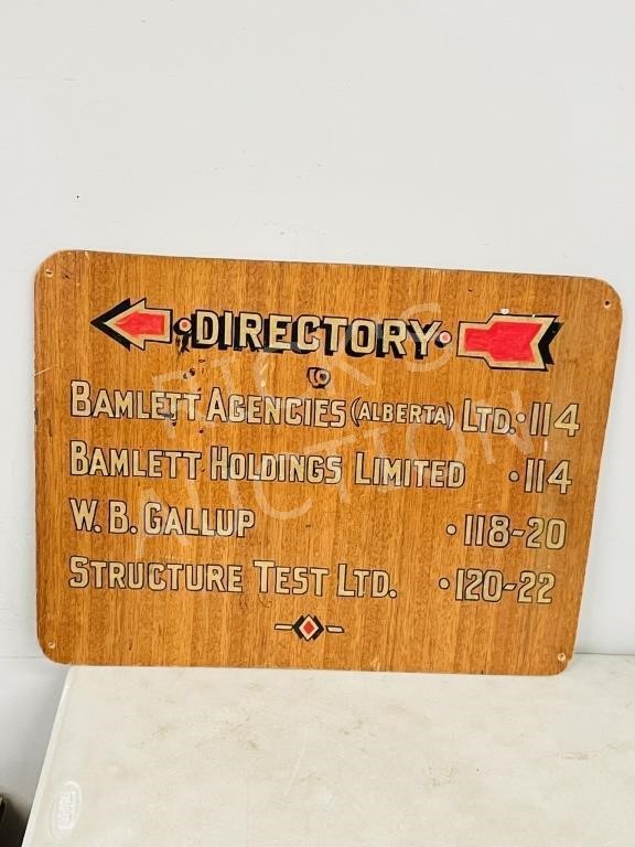 vintage plywood directory sign - 19.5" x 25.5"