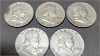 5 - Benjamin Franklin Half Dollars 1949-1963