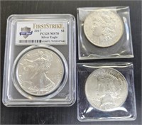 US Silver Eagle; 1887 Morgan Dollar; 1922 Peace