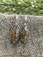 Green Baltic Amber Leaf Style Sterling Earrings