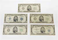 FIVE (5) 1934 to 1953 $5 NOTES