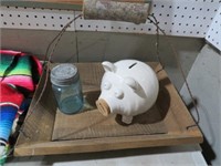 WOOD TRAY, POTTERY PIGGY BANK & OLD JAR