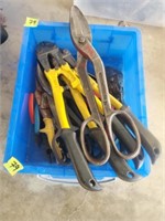 Plastic Container of Tools, Snips, Bolt Cutters,