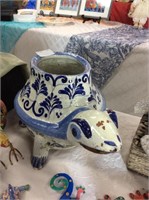 Blue and white turtle planter