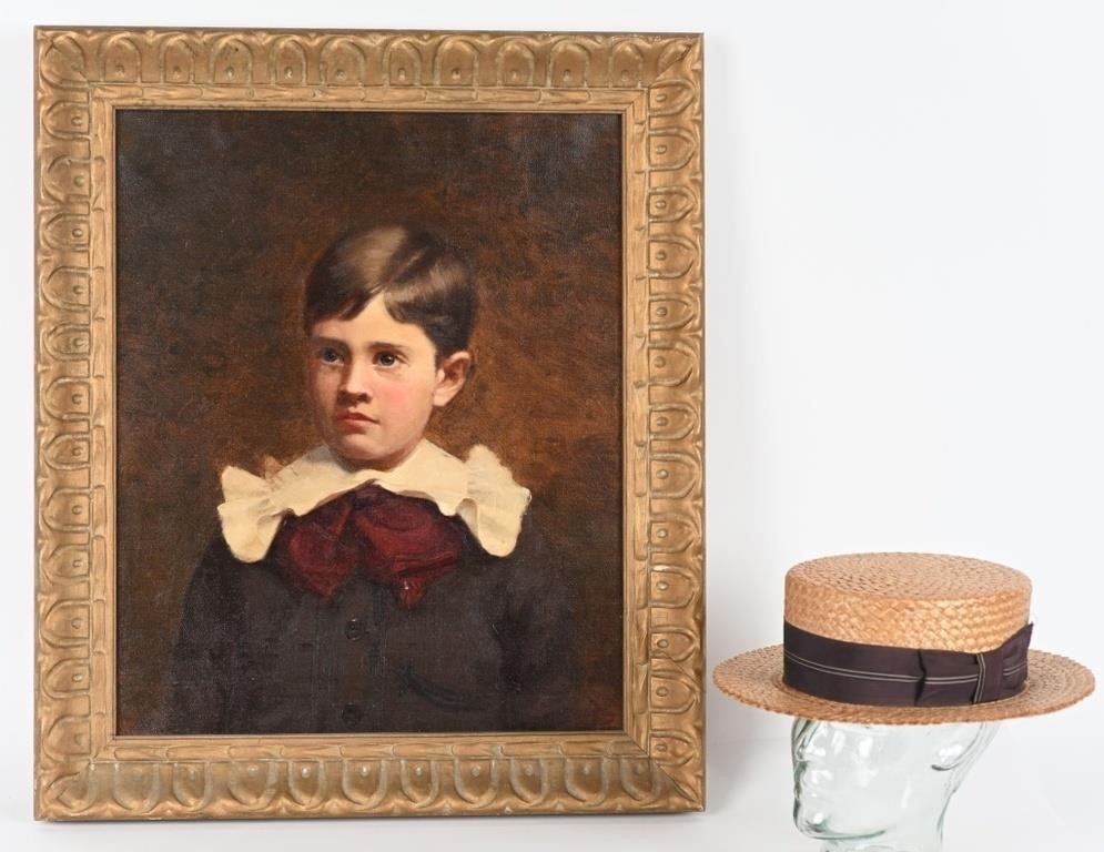 LOT OIL PAINTING OF BOY & PRINCELY STRAW HAT