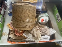 2 boxes linens, doilies, and macrame jute cord