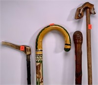 4 canes, 2 hand carved, 32" to 38" long