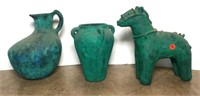 Painted Turquoise Pottery Pitcher, 4 Handle Vase