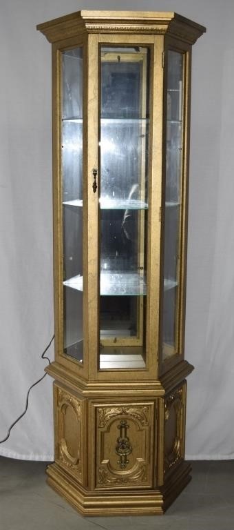 Gold Tone Painted Curio Cabinet w Light - Works