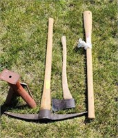 Jack stand, axe and handle and pick
