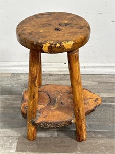 Vintage live edge wooden stool, 21” h.