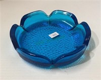 Vintage Blenko dimpled blue glass ashtray 5 3/4