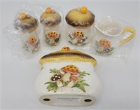 Vtg Sears Merry Mushroom Napkin Holder, Cream & Su