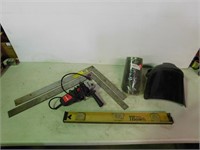 Two squares, face shield, mag level, angle grinder
