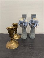 Dixie Bobbin Wooden Candle Holders & Brass