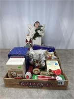 Wooden angels, decorations, and assorted holiday