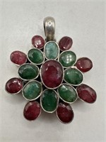 HUGE EMERALD & RUBY STERLING SILVER PENDANT