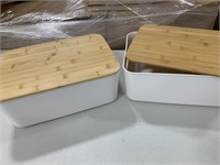 Two plastic carrying tubs with wood lids
 One lid