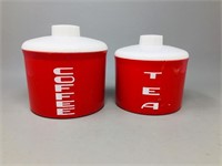 vintage red canisters - tea & coffee