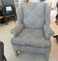 High wing back chair, upholstered floral tapestry,