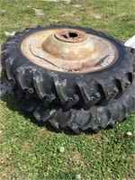 PAIR 12.4x42 TIRES AND RIMS, LIKE NEW, HEAVY