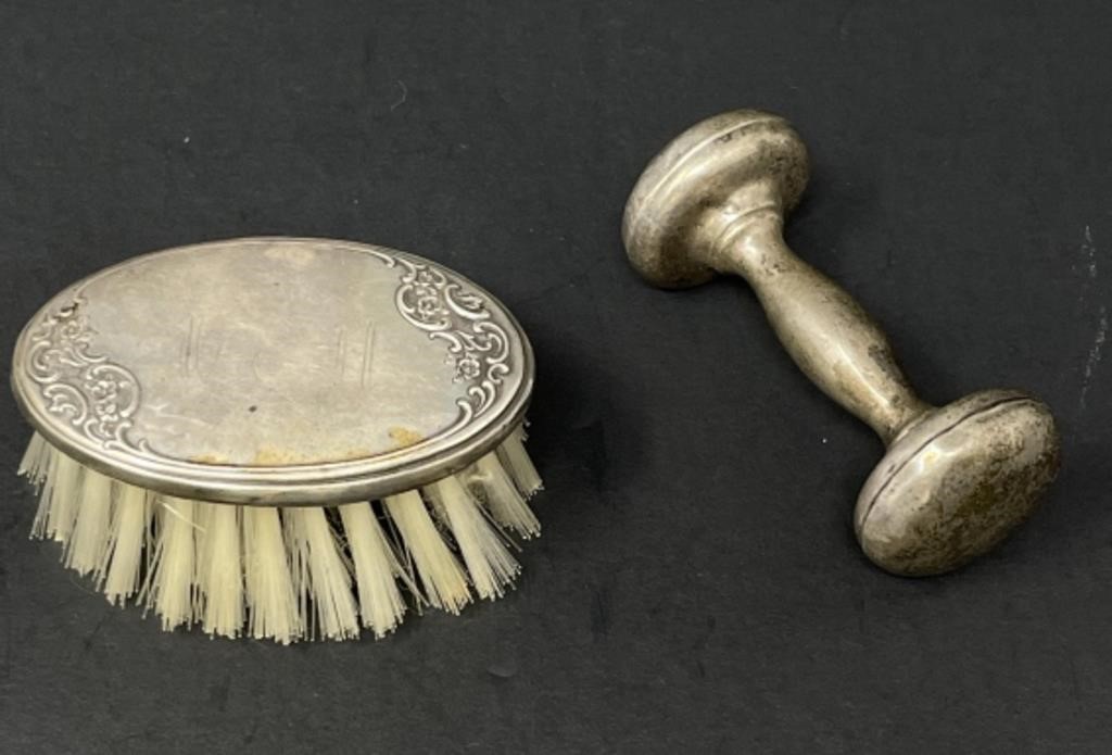 Sterling Silver Baby Rattle and Brush