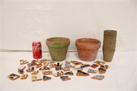 2 Clay Pots, 11 Peat Pots, Mosaice Pottery Pieces