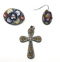 2 Victorian Micro Mosaic Pin Earring Cross Pendant